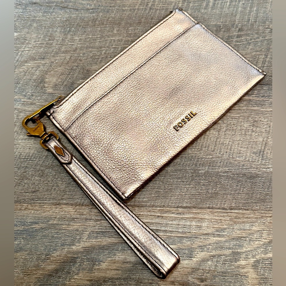 Fossil Leather Metallic Copper Zipper Wristlet